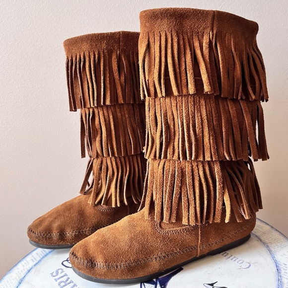 Minnetonka Shoes - Minnetonka Suede Fringe Brown Mid Calf 3 Layer Boots Size 7